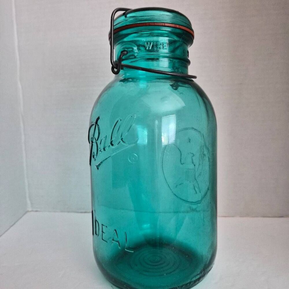 Vintage Ball Ideal Aqua Blue Mason Jar w/ Bicentennial Eagle & Wire Side Closure - Picture 2 of 6